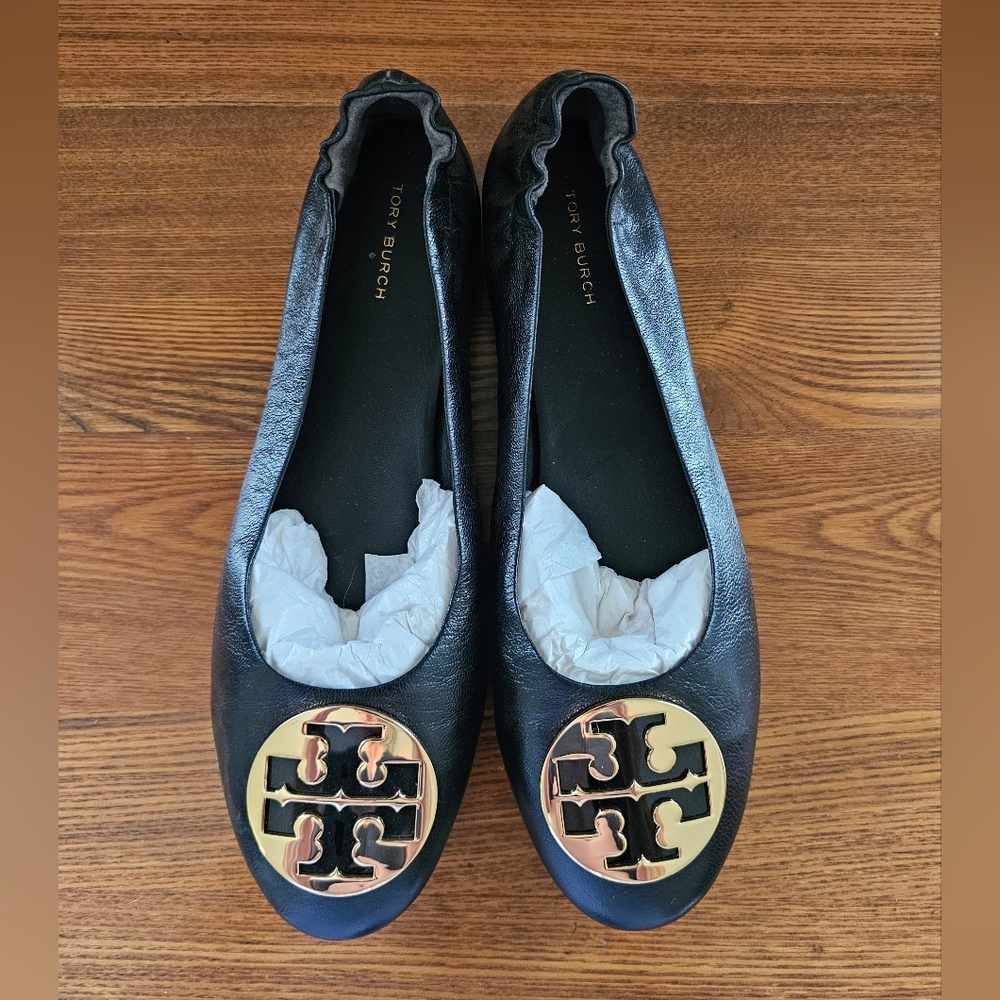 Tory Burch Black Flats with Gold Logo
